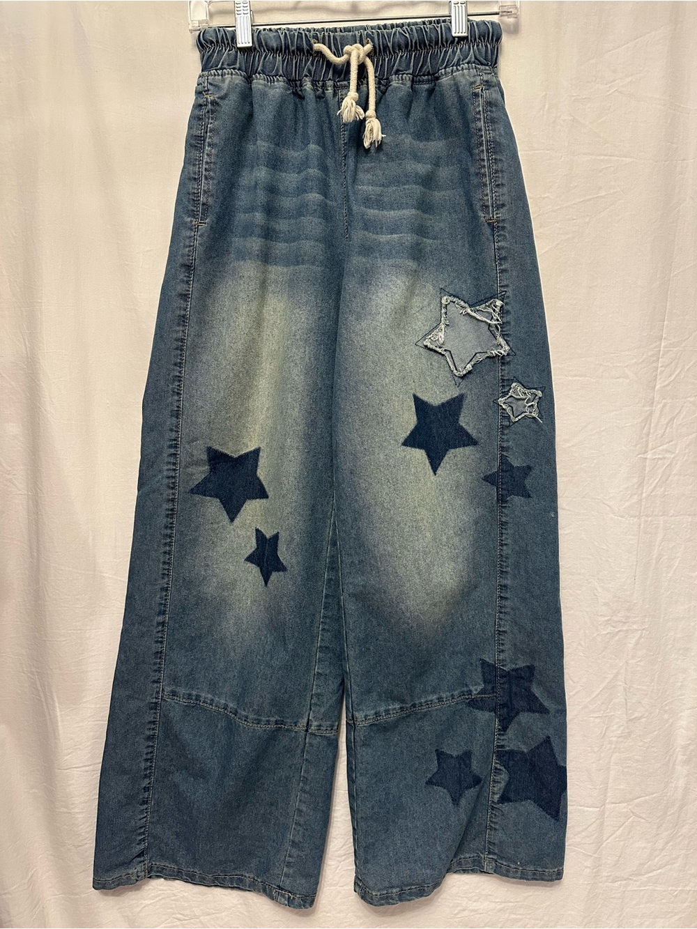 Star Patch Wide Leg Denim Pants Small Drawstring Elastic Waist Y2K Boho